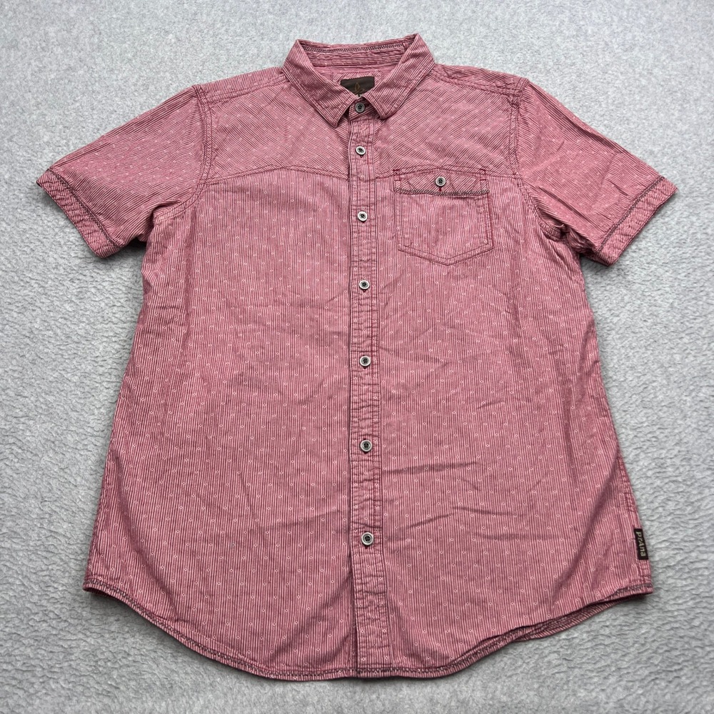 prAna Patras Shirt Mens Large Red Striped Slim Fit Organic Cotton Short Sleeve